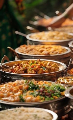 A buffet table with various indian dishes including curry rice and vegetables _ Premium AI-generated PSD